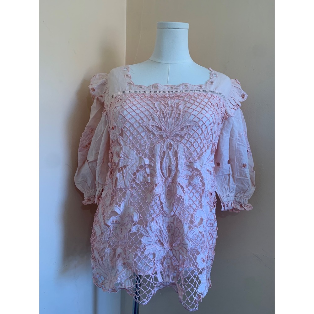 Sundance Pink Crochet Lace Eyelet Ruffle Sleeve Top Large